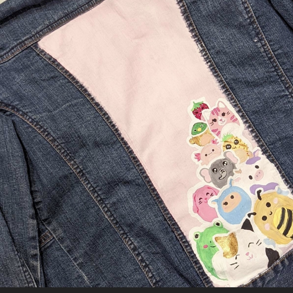 Squishmallow inspired hand painted jean jacket size small ladies